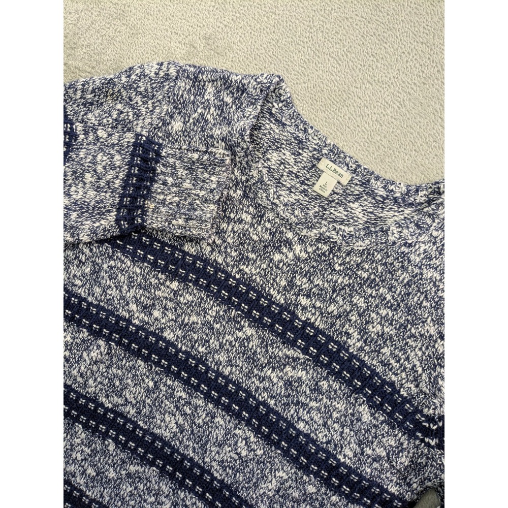 LL Bean Womens Large Blue White Marled Striped Cotton Crewneck Sweater 504229